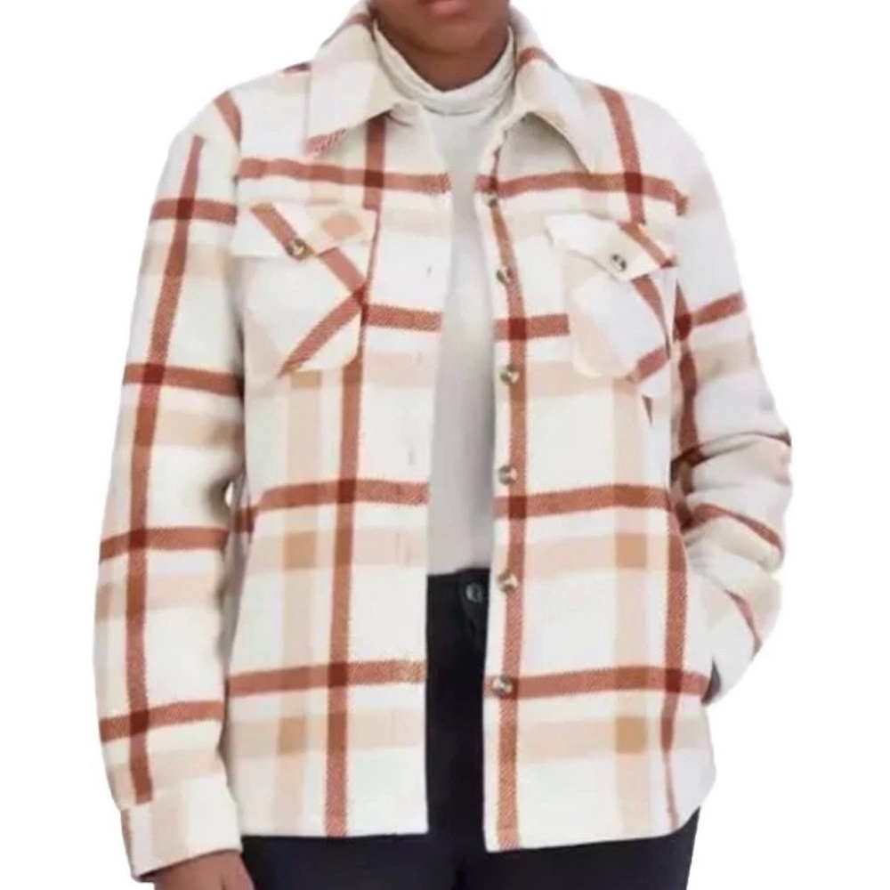 NWOT Sage Collective Fleece Sherpa Lined Plaid Shacket Shirt Jacket Cream Tan S